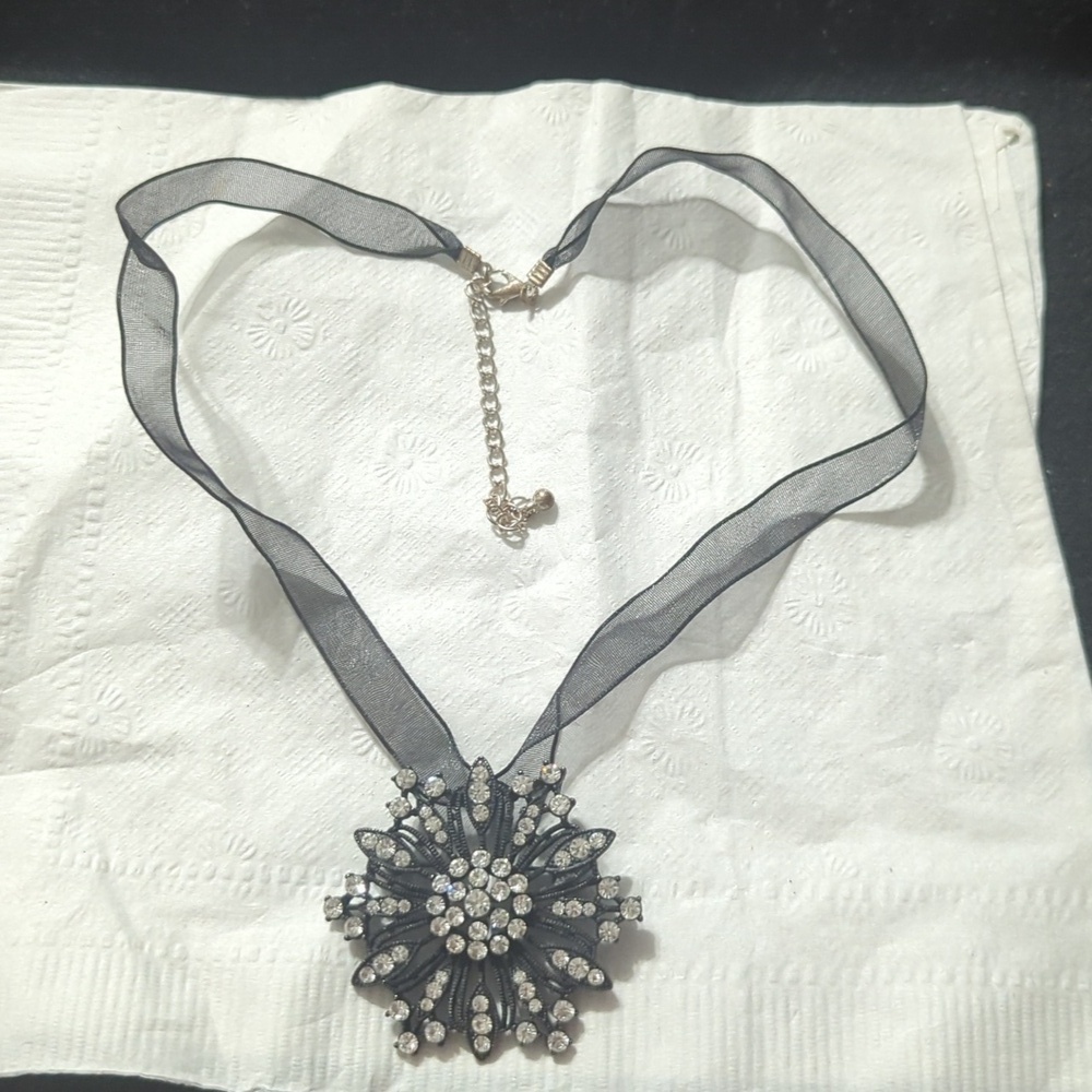 Black with Clear Rhinestone Floral Starburst Statement Pendant Necklace Brooch
